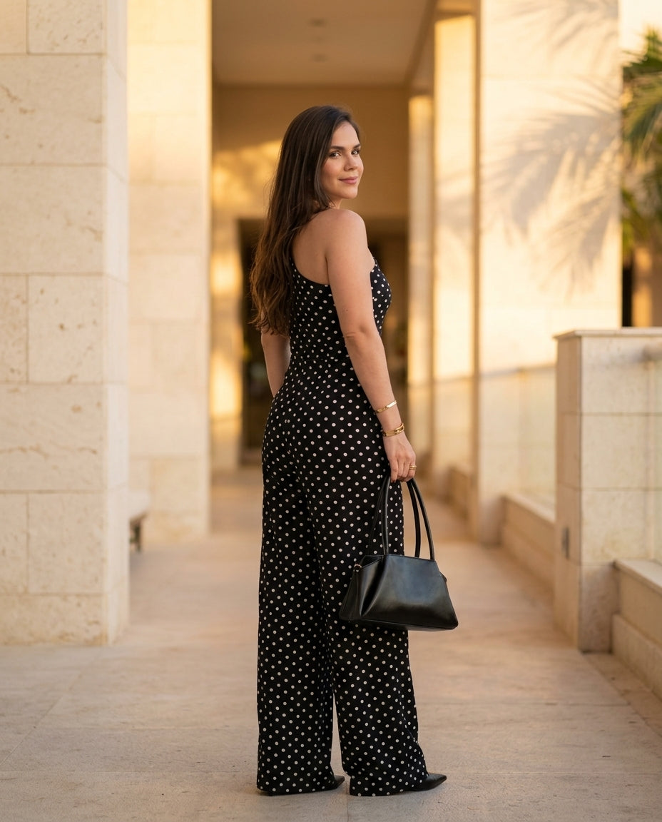Black Eyelet One-Shoulder Jumpsuit "Livia" Black Jumpsuit with Asymmetric silhouette and Textured texture, lifestyle scene image for Vacation Night, Evening in Amalfi, Euro Chic Premium