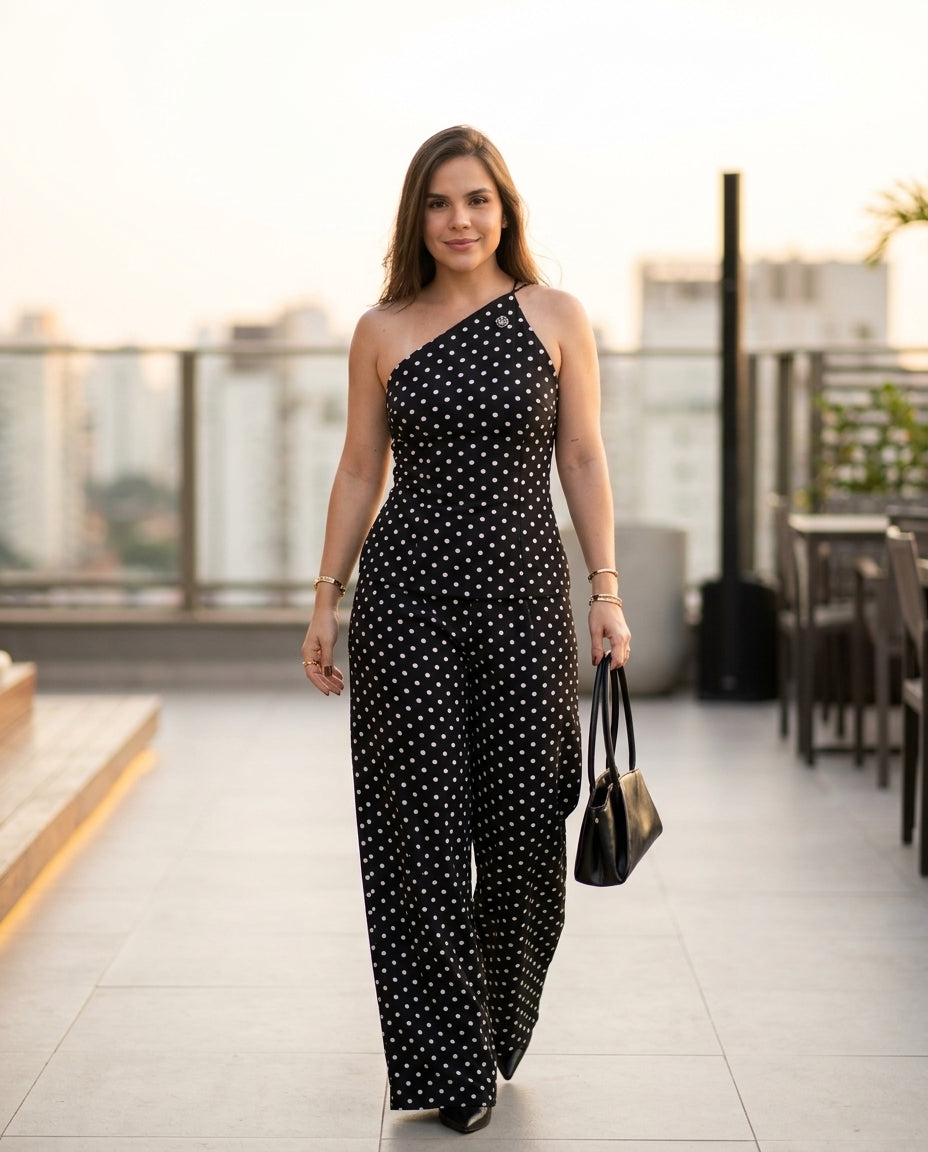 Black Eyelet One-Shoulder Jumpsuit "Livia" Black Jumpsuit with Asymmetric silhouette and Textured texture, outdoor styling image for Vacation Night, Evening in Amalfi, Euro Chic Premium