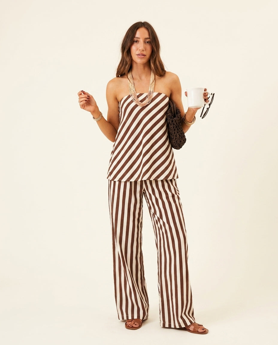 Brown Eyelet Strapless Pant Set "Serena" Brown Pant Set with Asymmetric silhouette and Linen Blend texture, clean studio product view for Resort Wear, a polished coastal brunch, US East / Hamptons Elite