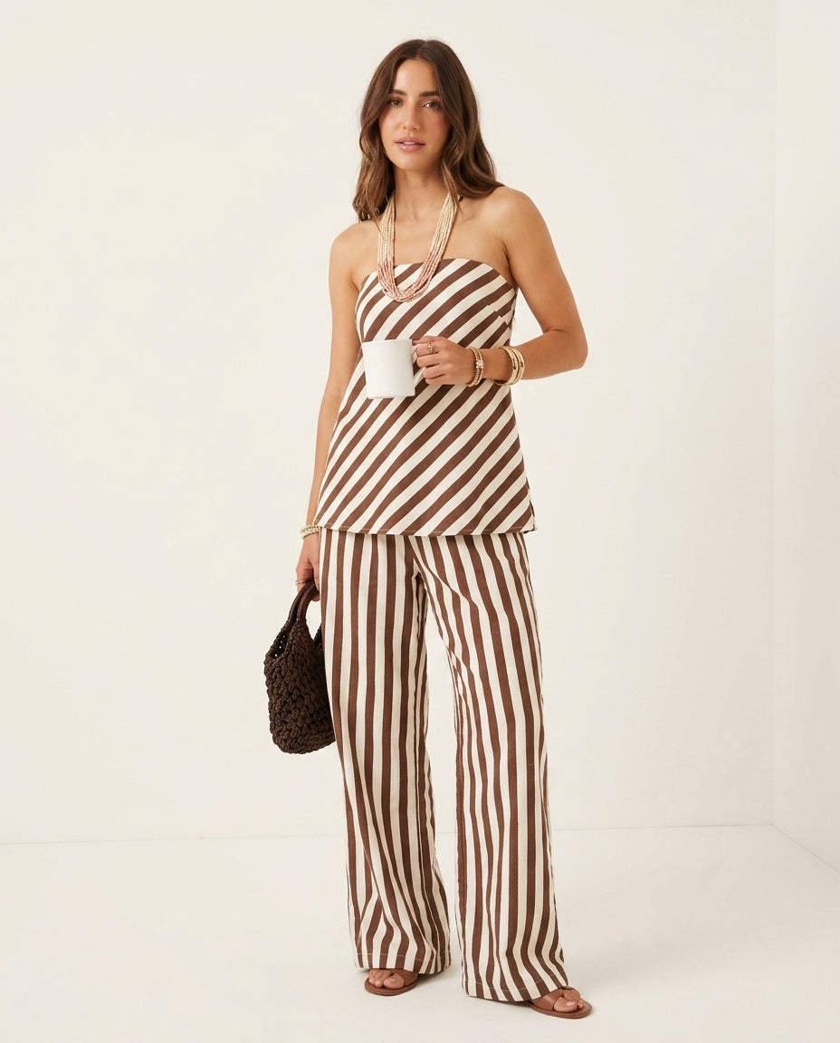 Brown Eyelet Strapless Pant Set "Serena" Brown Pant Set with Asymmetric silhouette and Linen Blend texture, side or back garment view for Resort Wear, a polished coastal brunch, US East / Hamptons Elite