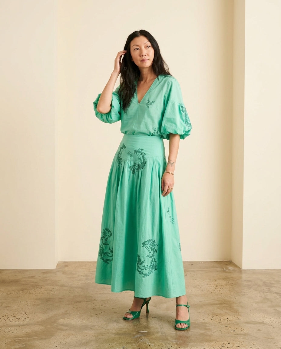 Mint Green Eyelet V-Neck Skirt Set "Chiara" Mint Green Skirt Set with Relaxed Fit silhouette and Textured texture, front view product image for Resort Wear, a London dinner reservation, Euro Chic Premium