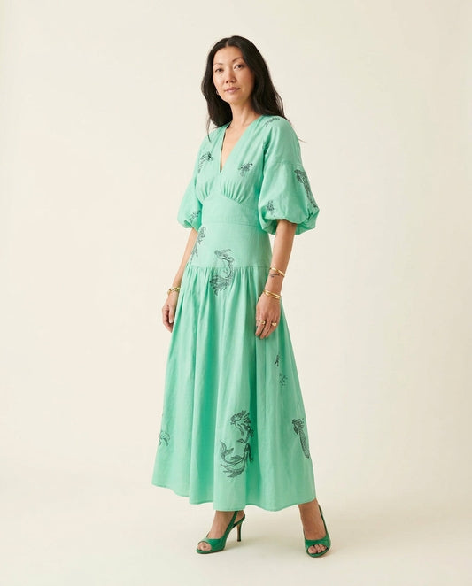 Mint Green Eyelet V-Neck Skirt Set "Chiara" Mint Green Skirt Set with Relaxed Fit silhouette and Textured texture, clean studio product view for Resort Wear, a London dinner reservation, Euro Chic Premium