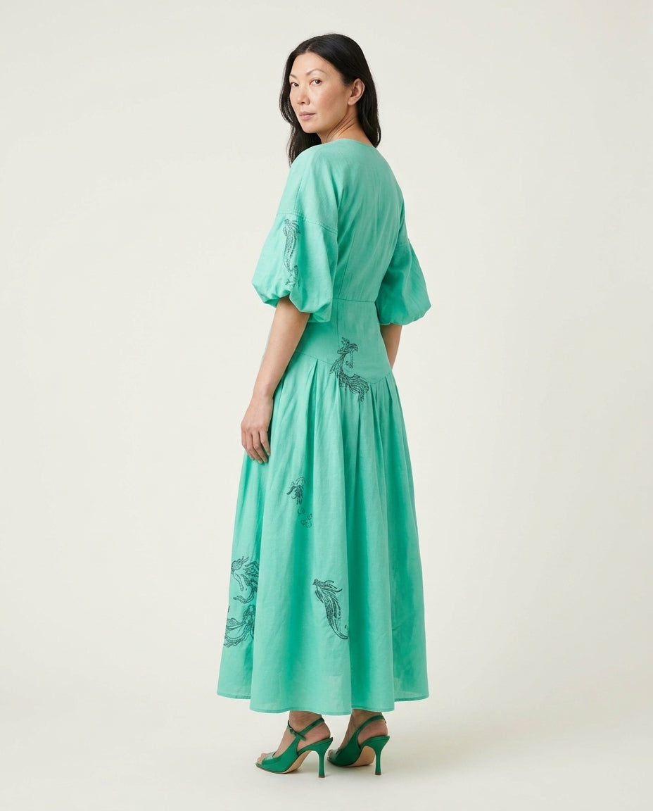 Mint Green Eyelet V-Neck Skirt Set "Chiara" Mint Green Skirt Set with Relaxed Fit silhouette and Textured texture, side or back garment view for Resort Wear, a London dinner reservation, Euro Chic Premium