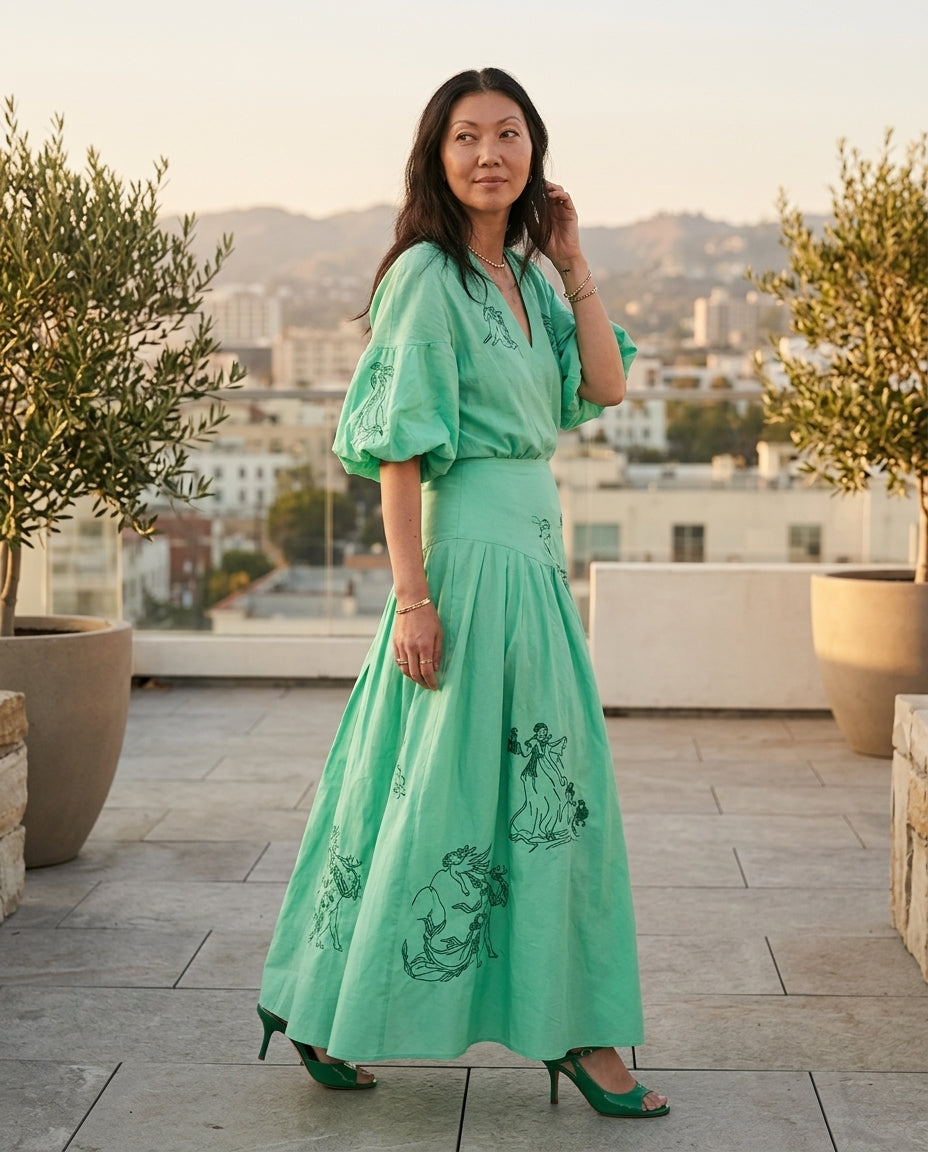 Mint Green Eyelet V-Neck Skirt Set "Chiara" Mint Green Skirt Set with Relaxed Fit silhouette and Textured texture, outdoor styling image for Resort Wear, a London dinner reservation, Euro Chic Premium