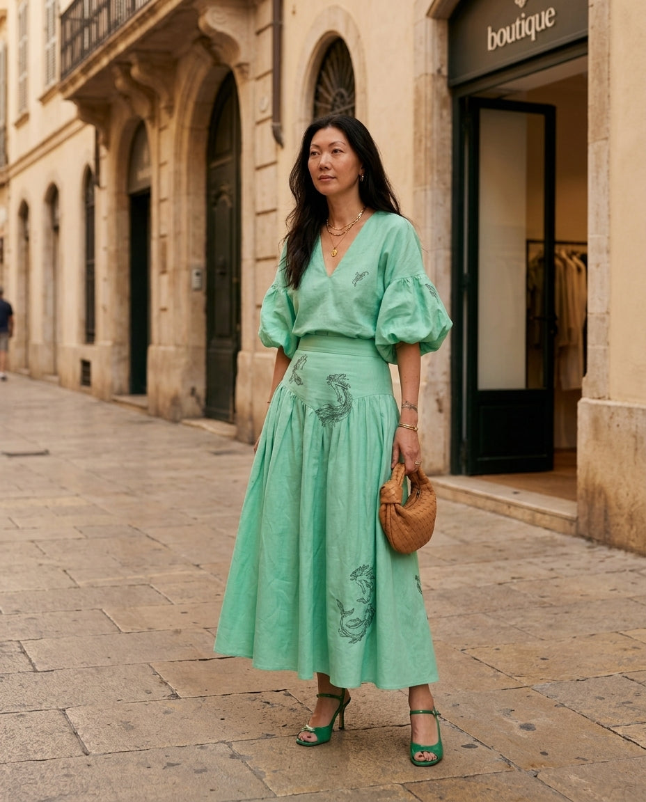 Mint Green Eyelet V-Neck Skirt Set "Chiara" Mint Green Skirt Set with Relaxed Fit silhouette and Textured texture, fabric and construction detail for Resort Wear, a London dinner reservation, Euro Chic Premium