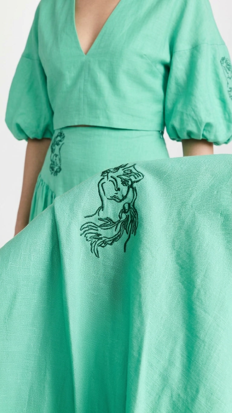 Mint Green Eyelet V-Neck Skirt Set "Chiara" Mint Green Skirt Set with Relaxed Fit silhouette and Textured texture, additional styling view for Resort Wear, a London dinner reservation, Euro Chic Premium