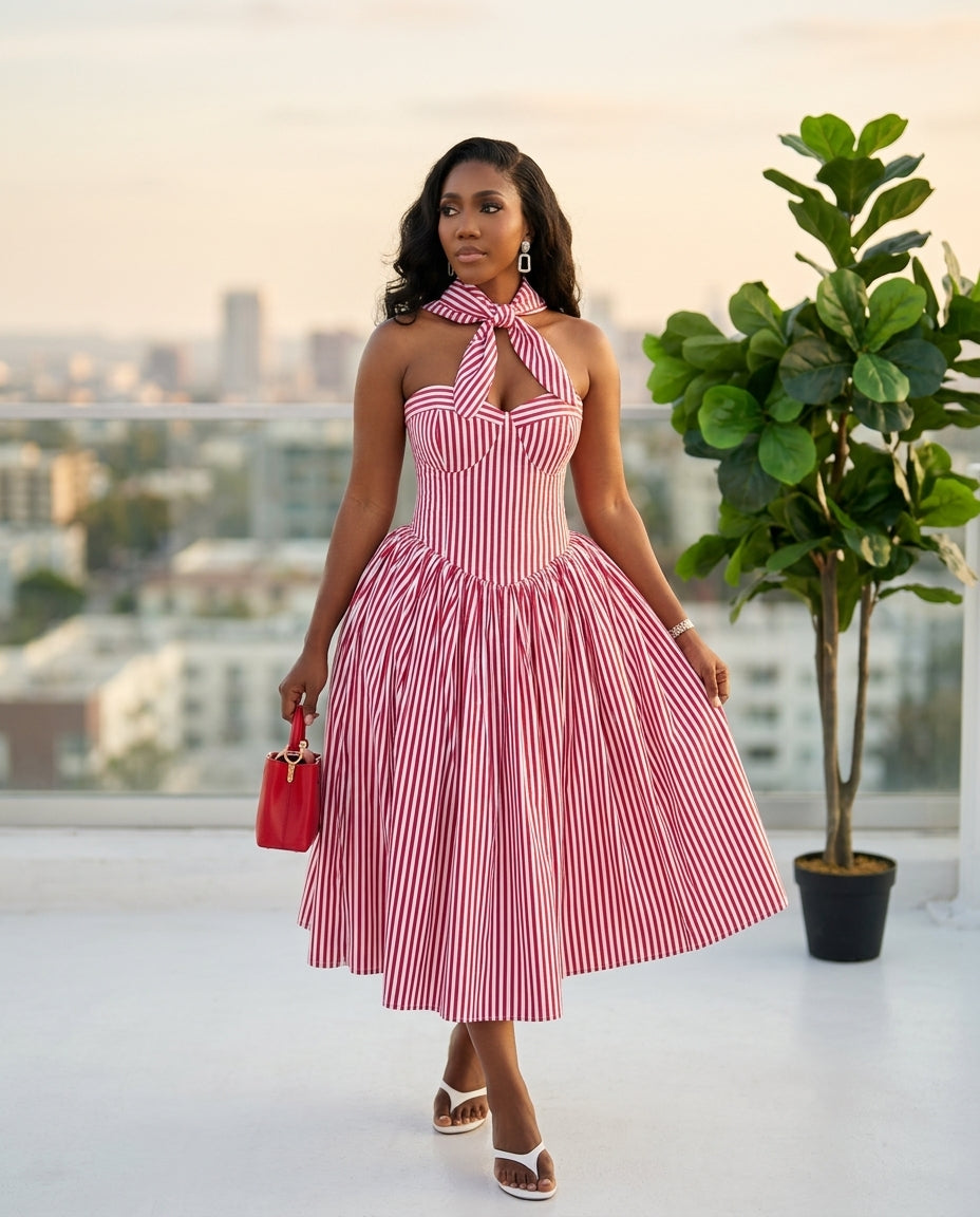 Red Eyelet Sweetheart Maxi Dress "Vivienne" Red Maxi Dress with Structured silhouette and Textured texture, outdoor styling image for Wedding Guest, Coffee in Marais, Euro Chic Premium