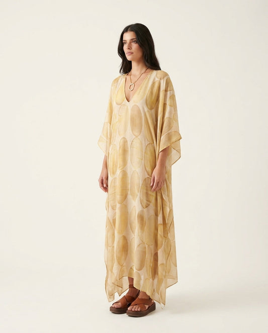 Light Beige Eyelet V-Neck Maxi Dress "Alba" Light Beige Maxi Dress with Asymmetric silhouette and Textured texture, clean studio product view for Resort Wear, Weekend in The Hamptons, US East / Hamptons Elite