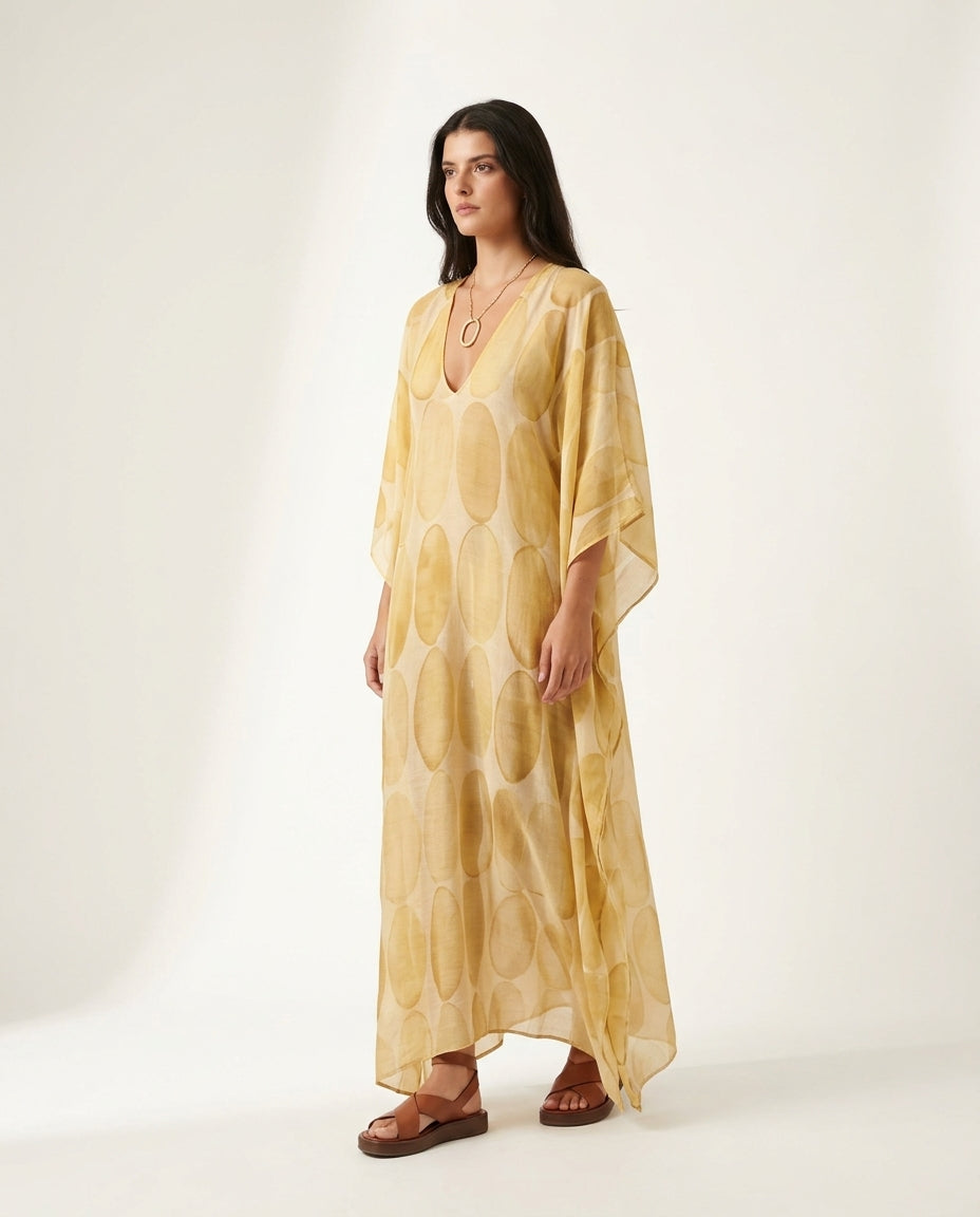 Light Beige Eyelet V-Neck Maxi Dress "Alba" Light Beige Maxi Dress with Asymmetric silhouette and Textured texture, side or back garment view for Resort Wear, Weekend in The Hamptons, US East / Hamptons Elite