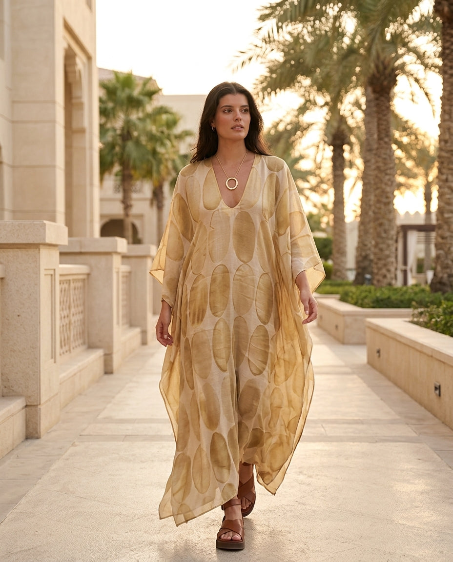 Light Beige Eyelet V-Neck Maxi Dress "Alba" Light Beige Maxi Dress with Asymmetric silhouette and Textured texture, lifestyle scene image for Resort Wear, Weekend in The Hamptons, US East / Hamptons Elite