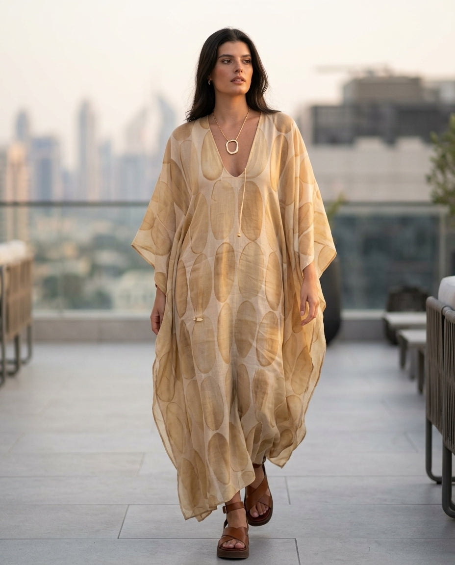 Light Beige Eyelet V-Neck Maxi Dress "Alba" Light Beige Maxi Dress with Asymmetric silhouette and Textured texture, outdoor styling image for Resort Wear, Weekend in The Hamptons, US East / Hamptons Elite
