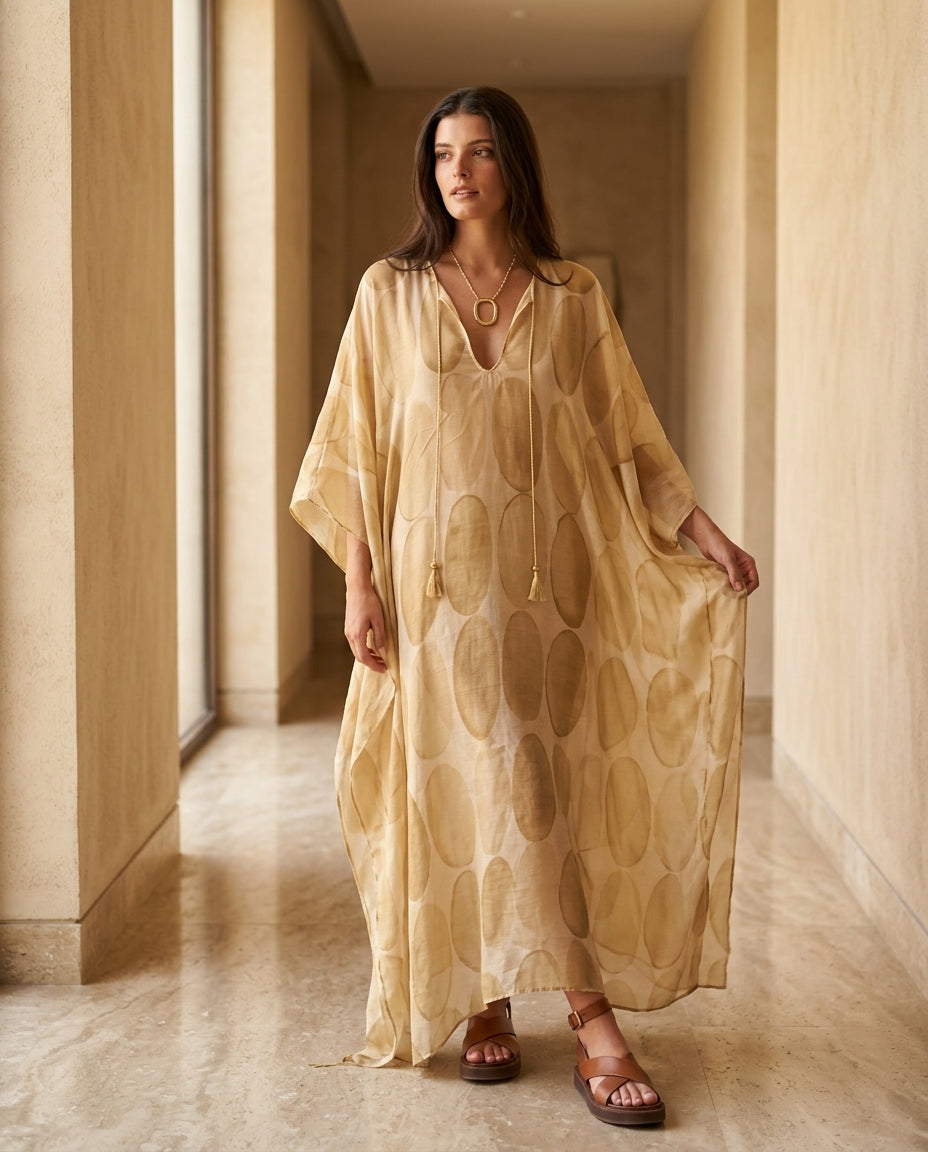 Light Beige Eyelet V-Neck Maxi Dress "Alba" Light Beige Maxi Dress with Asymmetric silhouette and Textured texture, editorial ecommerce scene for Resort Wear, Weekend in The Hamptons, US East / Hamptons Elite