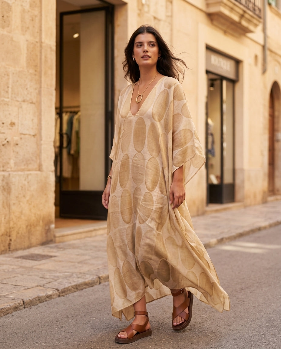 Light Beige Eyelet V-Neck Maxi Dress "Alba" Light Beige Maxi Dress with Asymmetric silhouette and Textured texture, fabric and construction detail for Resort Wear, Weekend in The Hamptons, US East / Hamptons Elite