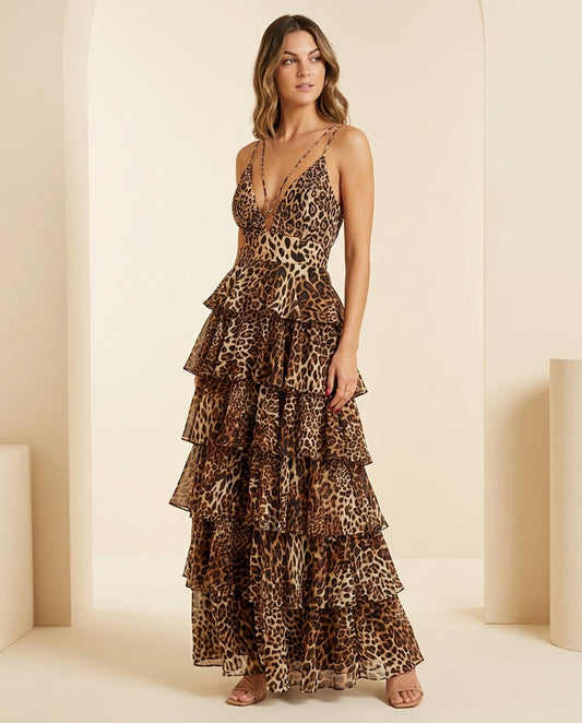 Brown Eyelet V-Neck Maxi Dress "Alba" Brown Maxi Dress with Relaxed Fit silhouette and Textured texture, front view product image for Resort Wear, Weekend in The Hamptons, US East / Hamptons Elite