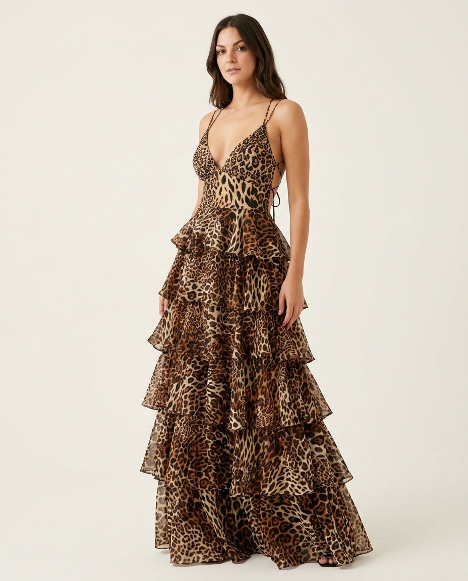 Brown Eyelet V-Neck Maxi Dress "Alba" Brown Maxi Dress with Relaxed Fit silhouette and Textured texture, clean studio product view for Resort Wear, Weekend in The Hamptons, US East / Hamptons Elite