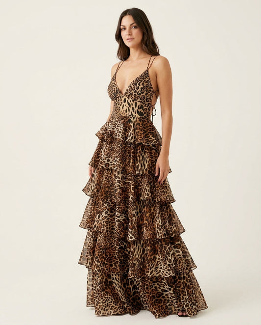 Brown Eyelet V-Neck Maxi Dress "Alba" Brown Maxi Dress with Relaxed Fit silhouette and Textured texture, clean studio product view for Resort Wear, Weekend in The Hamptons, US East / Hamptons Elite