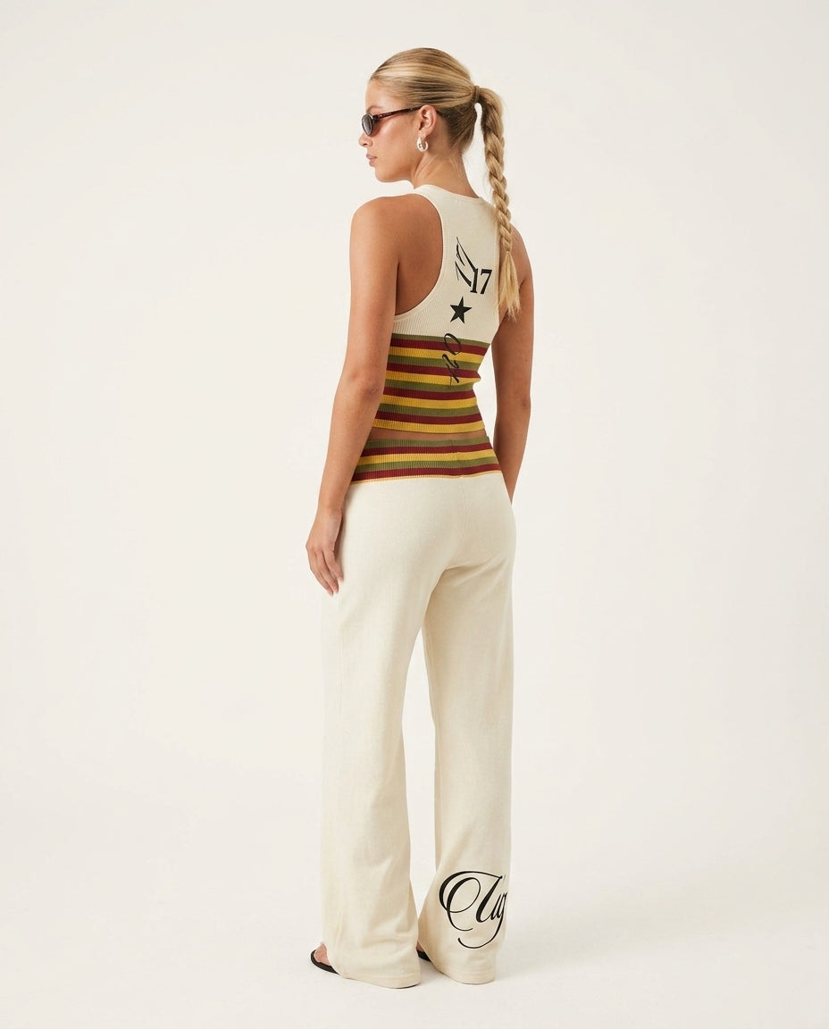Ivory Eyelet V-Neck Pant Set "Mara" Ivory Pant Set with Wide-Leg silhouette and Textured texture, side or back garment view for Weekend Escape, a polished coastal brunch, US East / Hamptons Elite