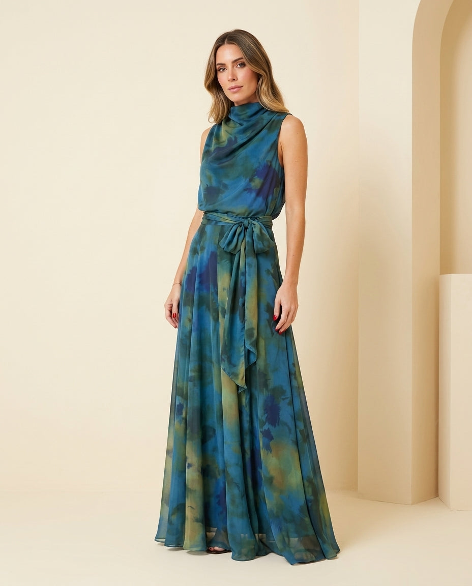 Blue Eyelet V-Neck Maxi Dress "Claudia" Blue Maxi Dress with Asymmetric silhouette and Textured texture, front view product image for Resort Wear, Coffee in Marais, Euro Chic Premium