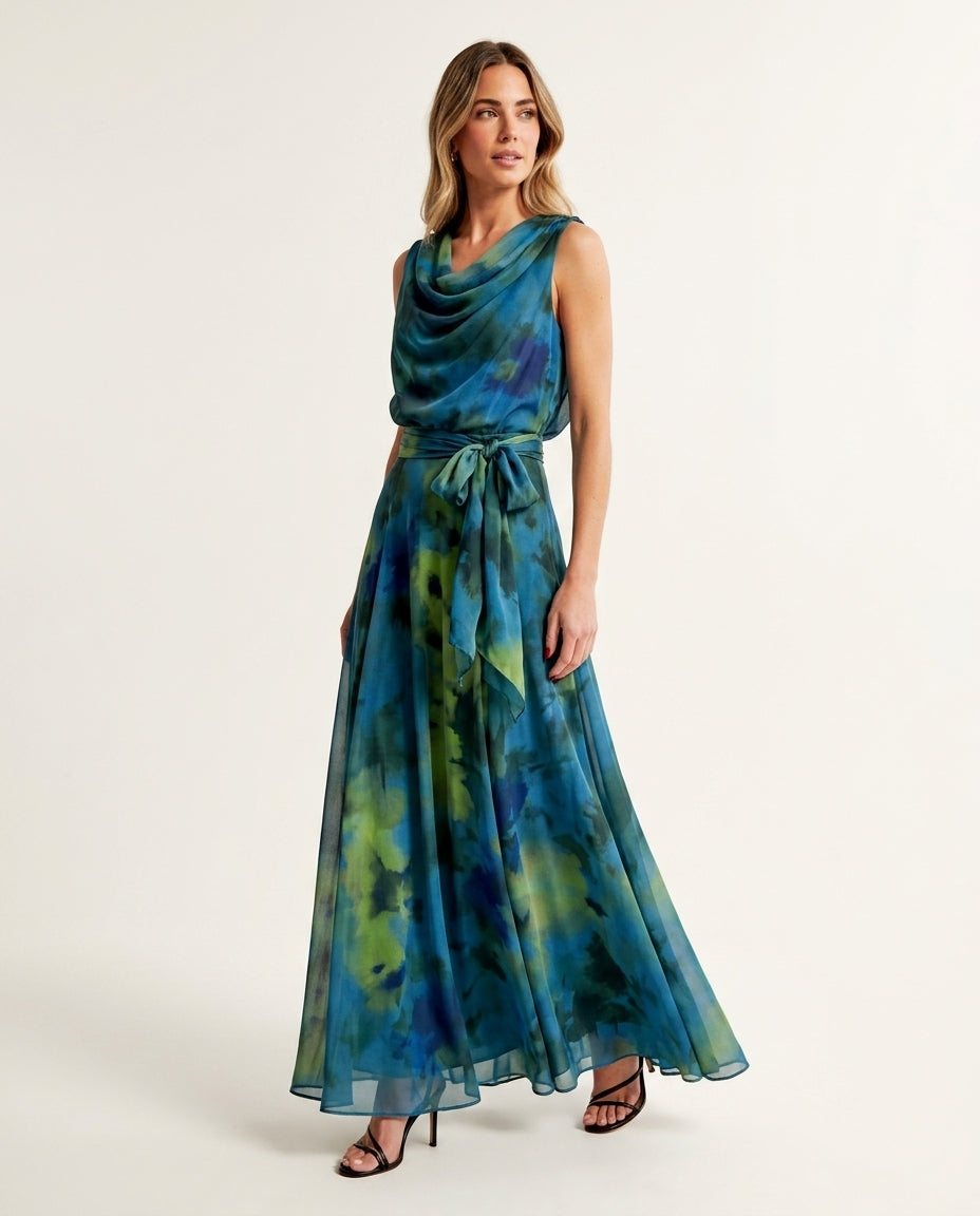 Blue Eyelet V-Neck Maxi Dress "Claudia" Blue Maxi Dress with Asymmetric silhouette and Textured texture, clean studio product view for Resort Wear, Coffee in Marais, Euro Chic Premium