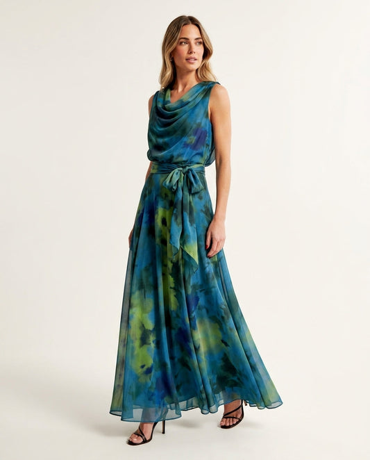 Blue Eyelet V-Neck Maxi Dress "Claudia" Blue Maxi Dress with Asymmetric silhouette and Textured texture, clean studio product view for Resort Wear, Coffee in Marais, Euro Chic Premium