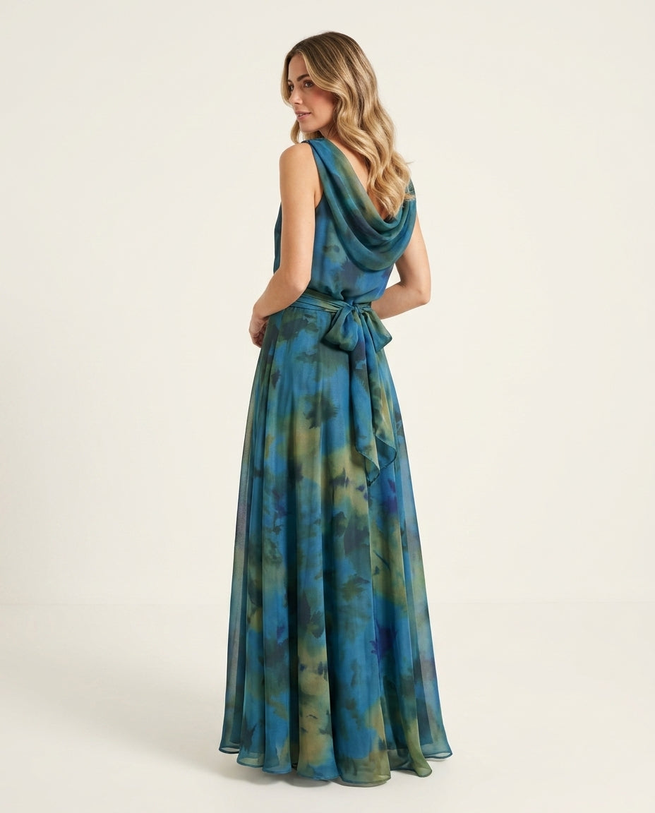 Blue Eyelet V-Neck Maxi Dress "Claudia" Blue Maxi Dress with Asymmetric silhouette and Textured texture, side or back garment view for Resort Wear, Coffee in Marais, Euro Chic Premium