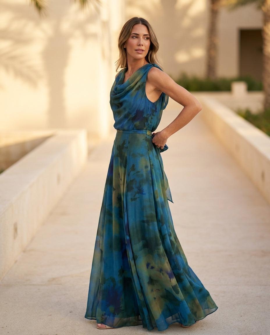 Blue Eyelet V-Neck Maxi Dress "Claudia" Blue Maxi Dress with Asymmetric silhouette and Textured texture, lifestyle scene image for Resort Wear, Coffee in Marais, Euro Chic Premium