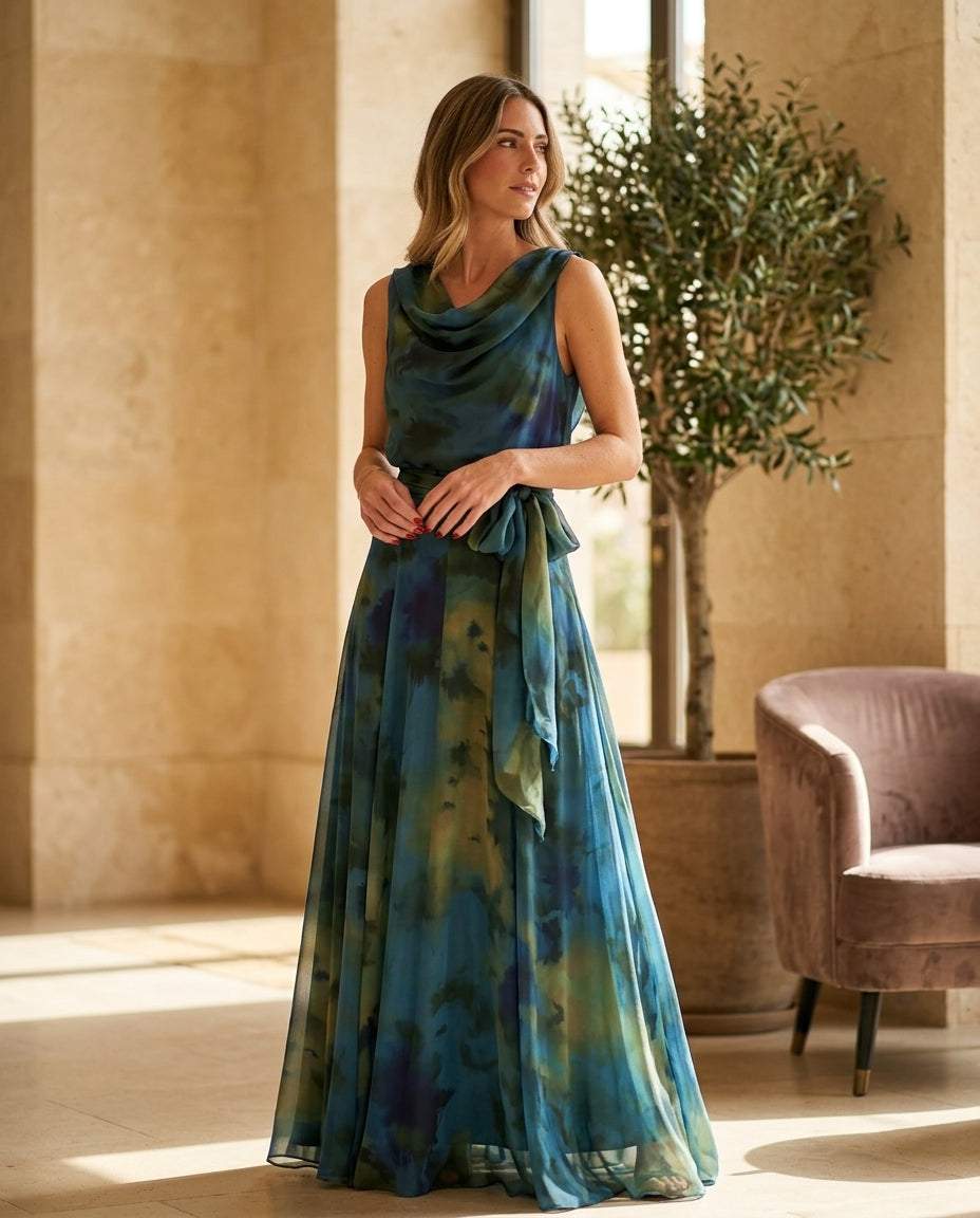 Blue Eyelet V-Neck Maxi Dress "Claudia" Blue Maxi Dress with Asymmetric silhouette and Textured texture, editorial ecommerce scene for Resort Wear, Coffee in Marais, Euro Chic Premium