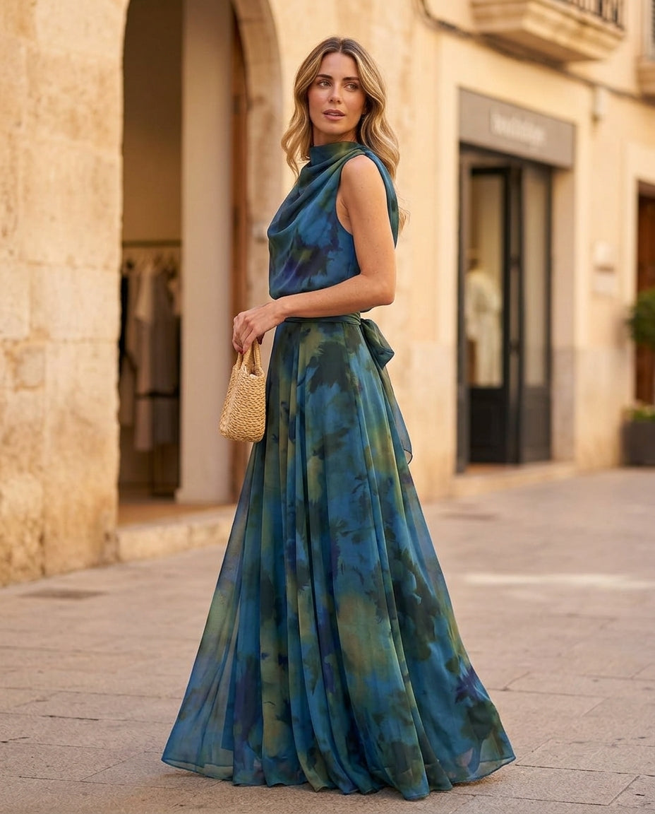 Blue Eyelet V-Neck Maxi Dress "Claudia" Blue Maxi Dress with Asymmetric silhouette and Textured texture, fabric and construction detail for Resort Wear, Coffee in Marais, Euro Chic Premium