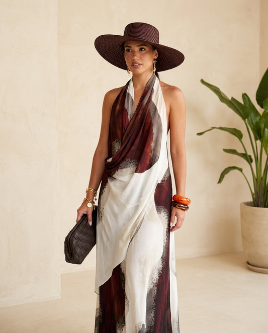 Ivory Eyelet Halter Maxi Dress "Claudia" Ivory Maxi Dress with Relaxed Fit silhouette and Textured texture, front view product image for Resort Wear, a polished coastal brunch, US East / Hamptons Elite