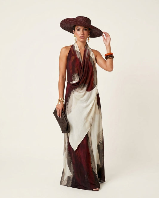 Ivory Eyelet Halter Maxi Dress "Claudia" Ivory Maxi Dress with Relaxed Fit silhouette and Textured texture, clean studio product view for Resort Wear, a polished coastal brunch, US East / Hamptons Elite