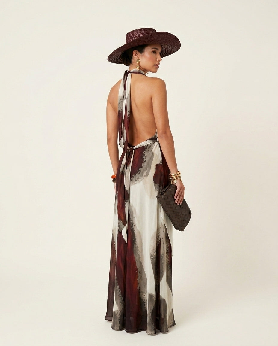 Ivory Eyelet Halter Maxi Dress "Claudia" Ivory Maxi Dress with Relaxed Fit silhouette and Textured texture, side or back garment view for Resort Wear, a polished coastal brunch, US East / Hamptons Elite