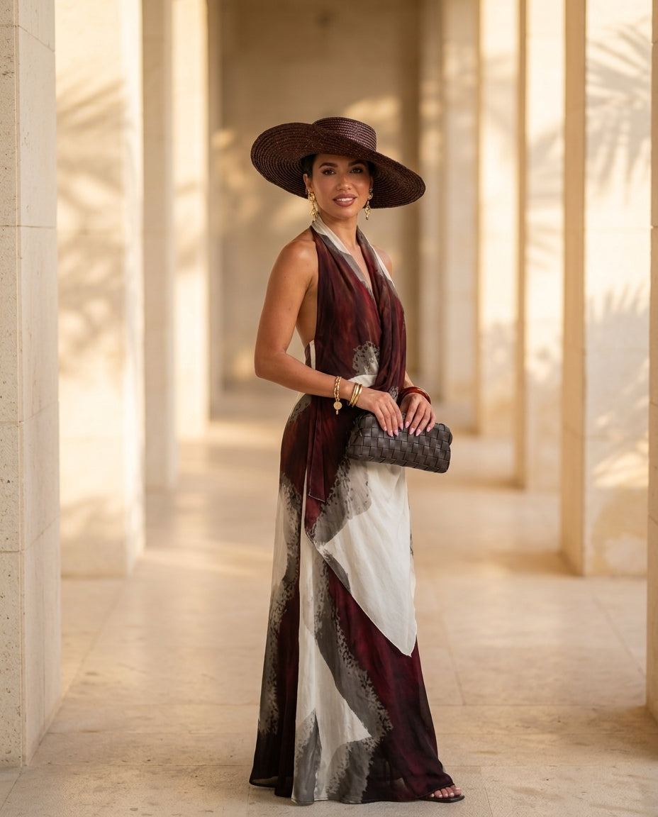 Ivory Eyelet Halter Maxi Dress "Claudia" Ivory Maxi Dress with Relaxed Fit silhouette and Textured texture, outdoor styling image for Resort Wear, a polished coastal brunch, US East / Hamptons Elite