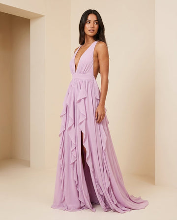 Lavender Eyelet V-Neck Maxi Dress "Claudia" Lavender Maxi Dress with Relaxed Fit silhouette and Textured texture, front view product image for Wedding Guest, a polished coastal brunch, US East / Hamptons Elite