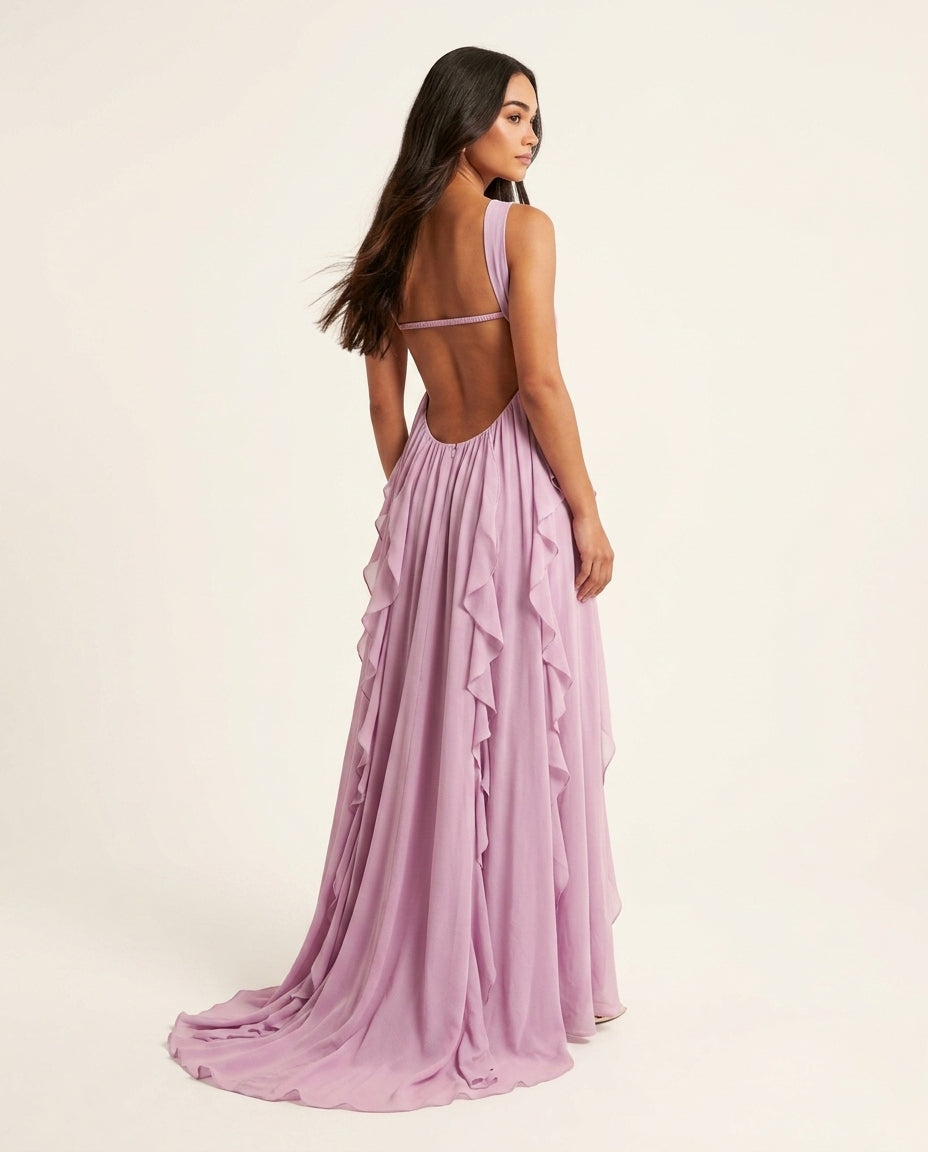 Lavender Eyelet V-Neck Maxi Dress "Claudia" Lavender Maxi Dress with Relaxed Fit silhouette and Textured texture, side or back garment view for Wedding Guest, a polished coastal brunch, US East / Hamptons Elite