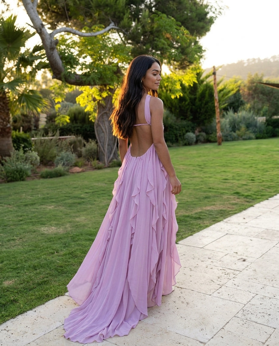 Lavender Eyelet V-Neck Maxi Dress "Claudia" Lavender Maxi Dress with Relaxed Fit silhouette and Textured texture, lifestyle scene image for Wedding Guest, a polished coastal brunch, US East / Hamptons Elite