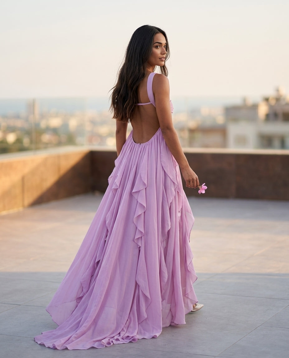 Lavender Eyelet V-Neck Maxi Dress "Claudia" Lavender Maxi Dress with Relaxed Fit silhouette and Textured texture, outdoor styling image for Wedding Guest, a polished coastal brunch, US East / Hamptons Elite