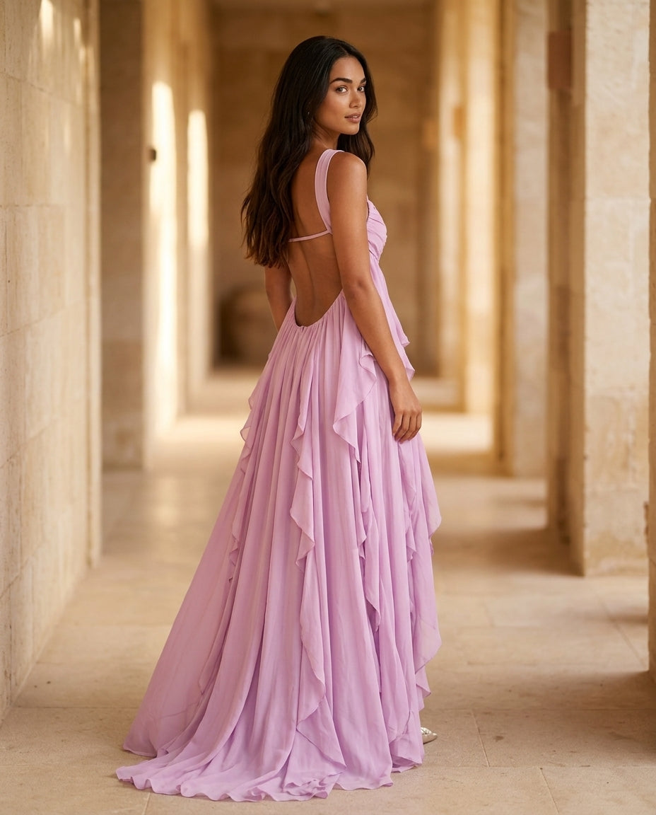 Lavender Eyelet V-Neck Maxi Dress "Claudia" Lavender Maxi Dress with Relaxed Fit silhouette and Textured texture, editorial ecommerce scene for Wedding Guest, a polished coastal brunch, US East / Hamptons Elite