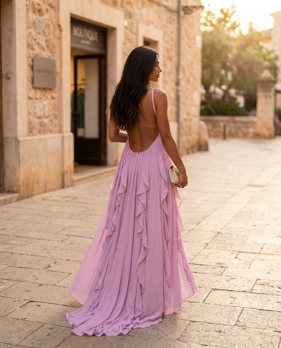 Lavender Eyelet V-Neck Maxi Dress "Claudia" Lavender Maxi Dress with Relaxed Fit silhouette and Textured texture, fabric and construction detail for Wedding Guest, a polished coastal brunch, US East / Hamptons Elite