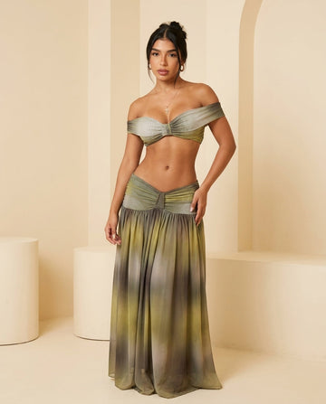 Sage Eyelet V-Neck Two-Piece Set "Claudia" Sage Two-Piece Set with Relaxed Fit silhouette and Textured texture, front view product image for Resort Wear, Coffee in Marais, Euro Chic Premium