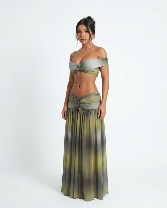 Sage Eyelet V-Neck Two-Piece Set "Claudia" Sage Two-Piece Set with Relaxed Fit silhouette and Textured texture, clean studio product view for Resort Wear, Coffee in Marais, Euro Chic Premium