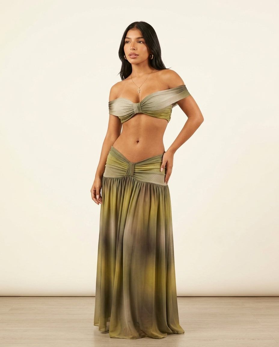 Sage Eyelet V-Neck Two-Piece Set "Claudia" Sage Two-Piece Set with Relaxed Fit silhouette and Textured texture, side or back garment view for Resort Wear, Coffee in Marais, Euro Chic Premium