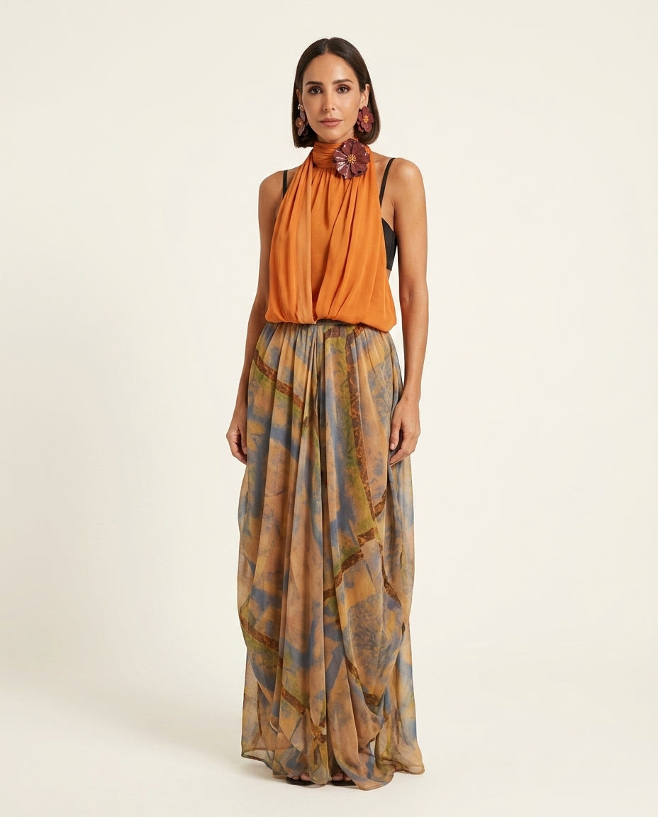 Orange Eyelet V-Neck Maxi Skirt "Lena" Orange Maxi Skirt with Asymmetric silhouette and Linen Blend texture, clean studio product view for Resort Wear, a polished coastal brunch, US East / Hamptons Elite