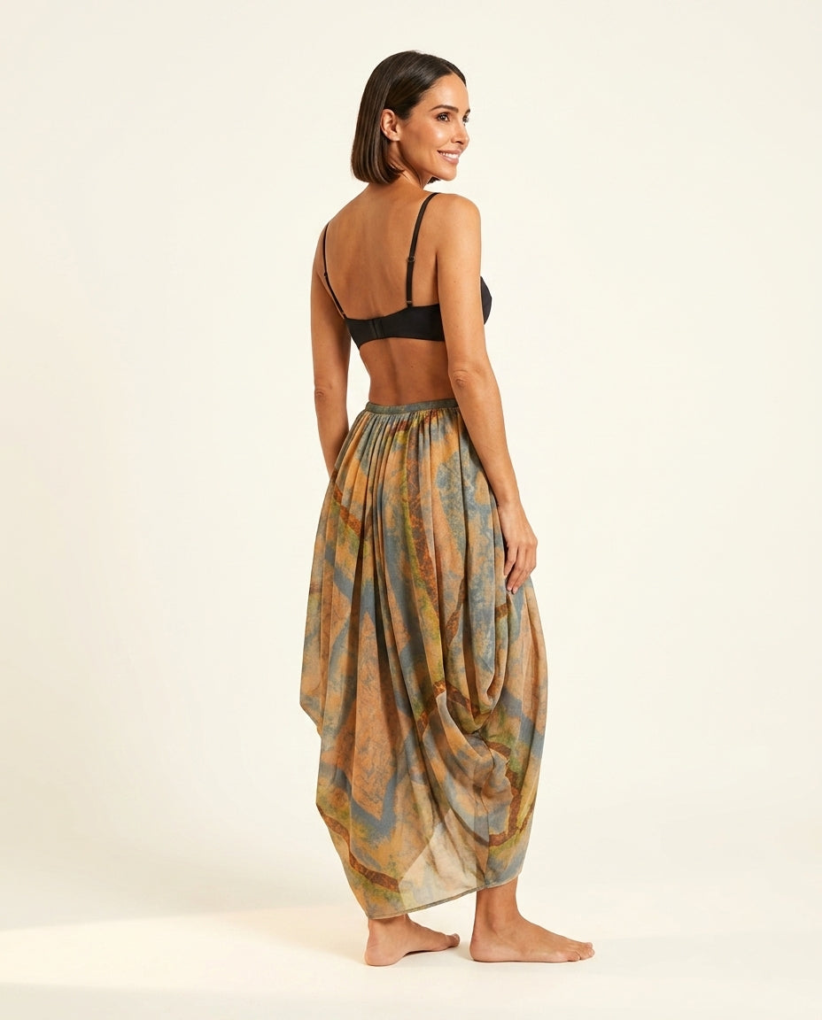 Orange Eyelet V-Neck Maxi Skirt "Lena" Orange Maxi Skirt with Asymmetric silhouette and Linen Blend texture, side or back garment view for Resort Wear, a polished coastal brunch, US East / Hamptons Elite