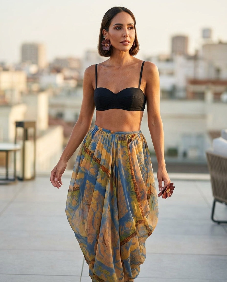 Orange Eyelet V-Neck Maxi Skirt "Lena" Orange Maxi Skirt with Asymmetric silhouette and Linen Blend texture, lifestyle scene image for Resort Wear, a polished coastal brunch, US East / Hamptons Elite