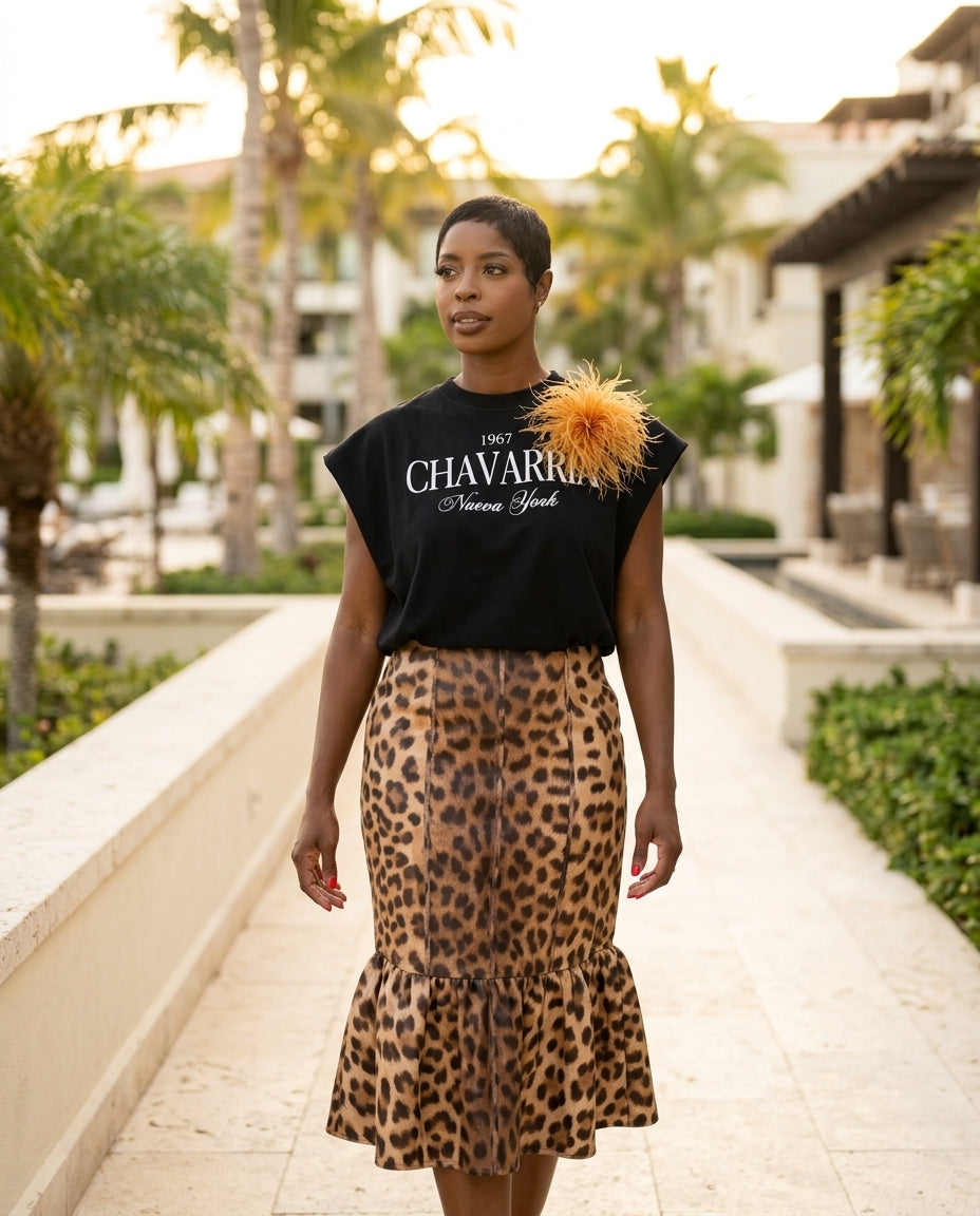Black Eyelet V-Neck Skirt Set "Paloma" Black Skirt Set with Relaxed Fit silhouette and Textured texture, lifestyle scene image for Resort Brunch, a London dinner reservation, Euro Chic Premium