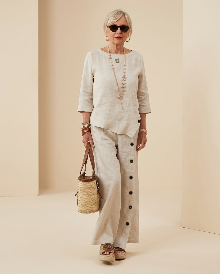 Natural Eyelet V-Neck Pant Set "Margot" Natural Pant Set with Asymmetric silhouette and Linen Blend texture, front view product image for Resort Wear, Sunset in Malibu, US Coastal Glam