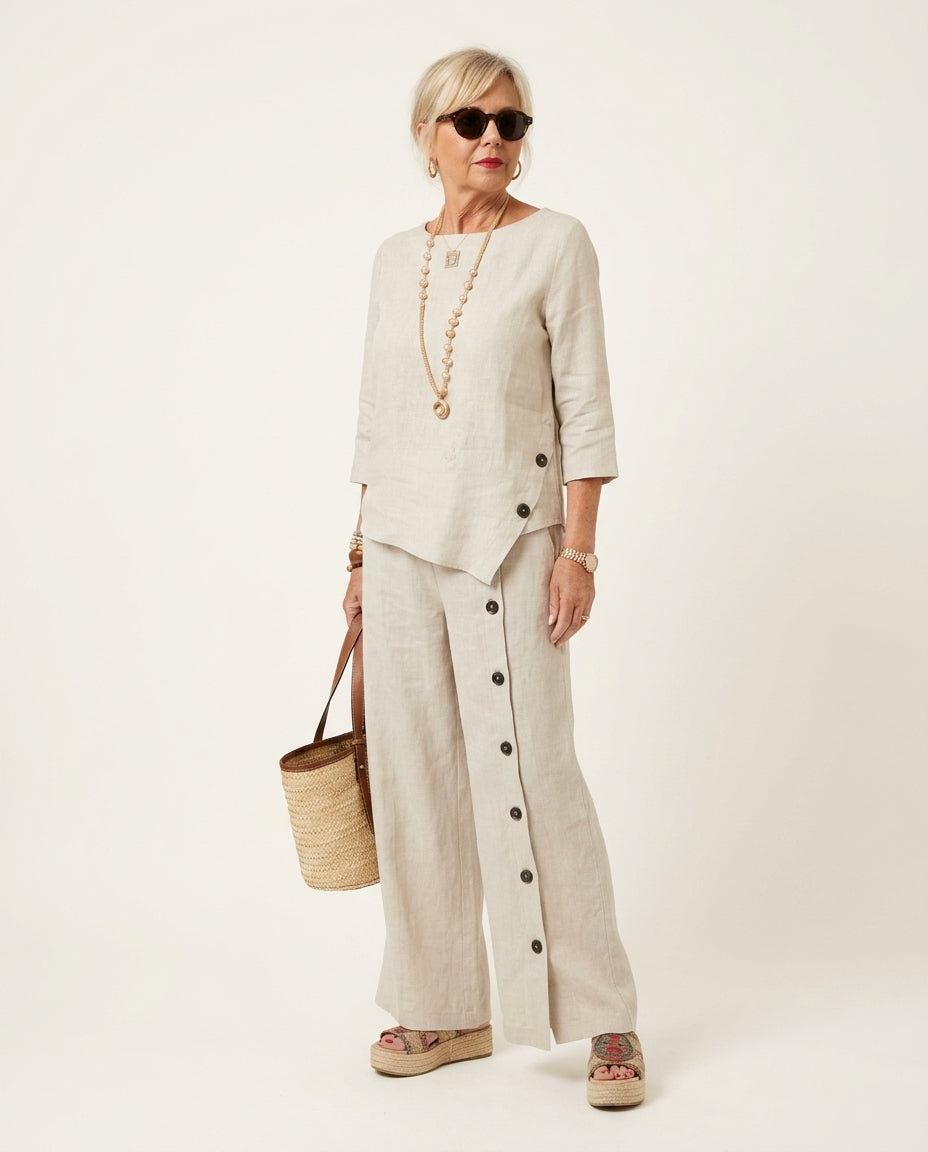 Natural Eyelet V-Neck Pant Set "Margot" Natural Pant Set with Asymmetric silhouette and Linen Blend texture, clean studio product view for Resort Wear, Sunset in Malibu, US Coastal Glam