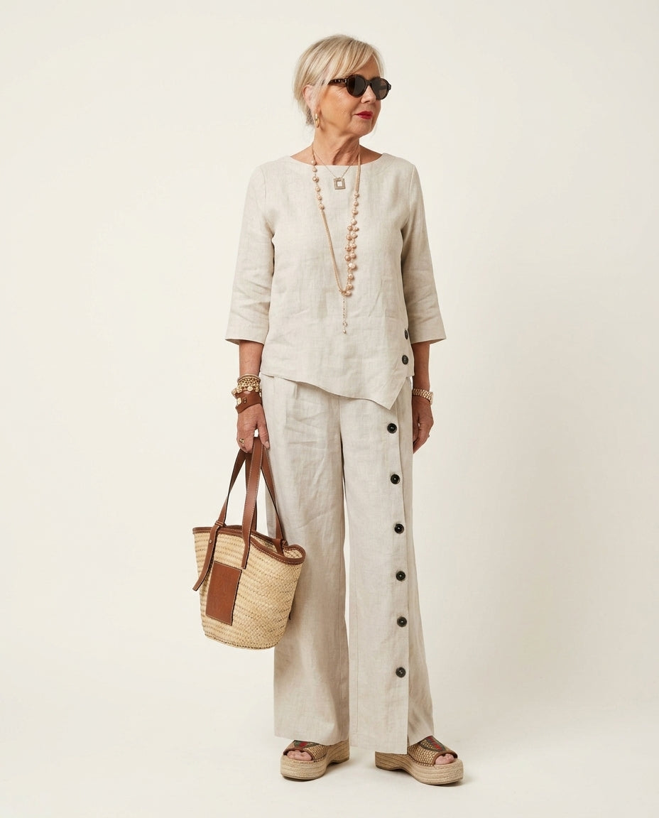 Natural Eyelet V-Neck Pant Set "Margot" Natural Pant Set with Asymmetric silhouette and Linen Blend texture, side or back garment view for Resort Wear, Sunset in Malibu, US Coastal Glam