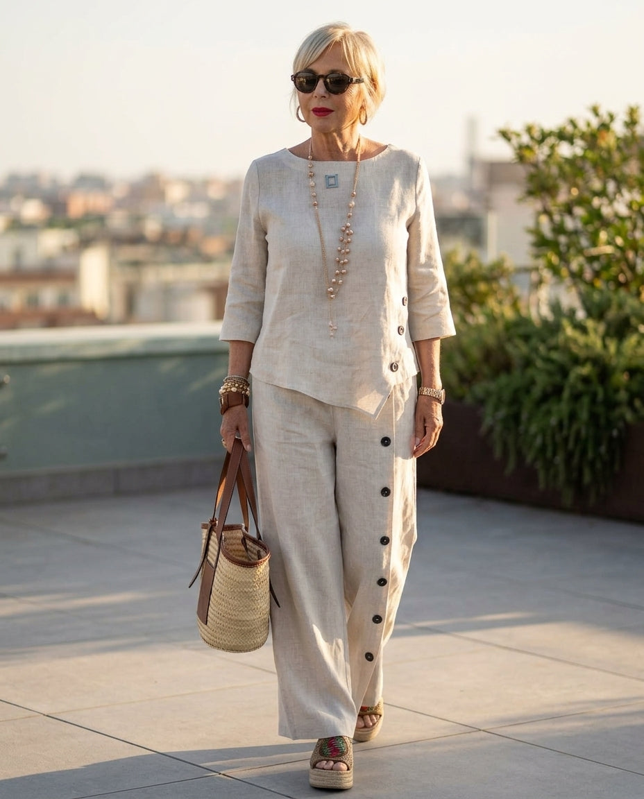 Natural Eyelet V-Neck Pant Set "Margot" Natural Pant Set with Asymmetric silhouette and Linen Blend texture, outdoor styling image for Resort Wear, Sunset in Malibu, US Coastal Glam