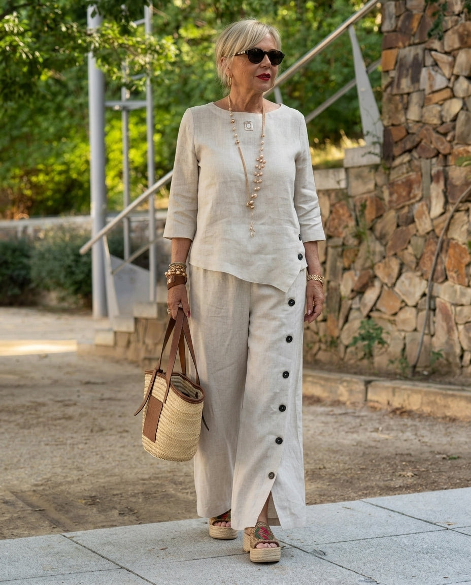 Natural Eyelet V-Neck Pant Set "Margot" Natural Pant Set with Asymmetric silhouette and Linen Blend texture, editorial ecommerce scene for Resort Wear, Sunset in Malibu, US Coastal Glam